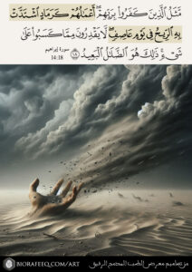 { مَّثَلُ الَّذِينَ كَفَرُوا بِرَبِّهِمْ أَعْمَٰلُهُمْ كَرَمَادٍ اشْتَدَّتْ بِهِ الرِّيحُ فِي يَوْمٍ عَاصِفٍ لَّا يَقْدِرُونَ مِمَّا كَسَبُوا عَلَىٰ شَيْءٍ ذَٰلِكَ هُوَ الضَّلَٰلُ الْبَعِيدُ } [14 إبراهيم: 18]. ، من تصاميم معرض صور الطب المدمج الرفيق ، الطب المدمج ، الطب المدمج الرفيق ، الأسباب الجذرية للأمراض المزمنة ، جميل السلمي ، جميل عواد السلمي