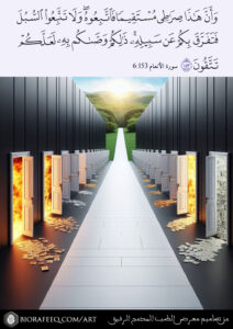 { وَأَنَّ هَٰذَا صِرَٰطِي مُسْتَقِيمًا فَاتَّبِعُوهُ وَلَا تَتَّبِعُوا السُّبُلَ فَتَفَرَّقَ بِكُمْ عَن سَبِيلِهِ ذَٰلِكُمْ وَصَّىٰكُم بِهِ لَعَلَّكُمْ تَتَّقُونَ } [6 الأنعام: 153]. ، من تصاميم معرض صور الطب المدمج الرفيق ، الطب المدمج ، الطب المدمج الرفيق ، الأسباب الجذرية للأمراض المزمنة ، جميل السلمي ، جميل عواد السلمي