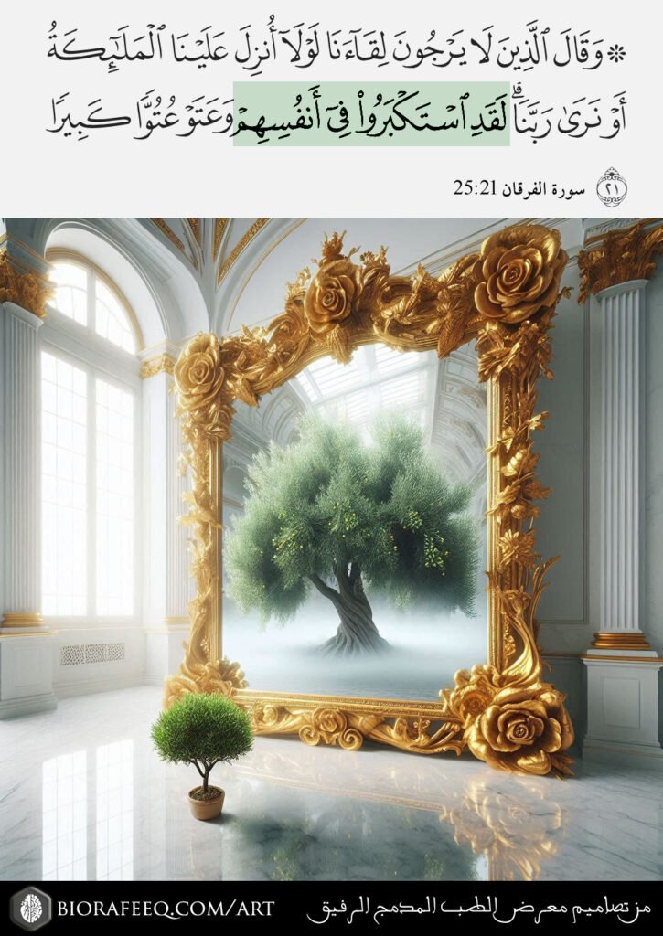 { وَقَالَ الَّذِينَ لَا يَرْجُونَ لِقَاءَنَا لَوْلَا أُنزِلَ عَلَيْنَا الْمَلَٰئِكَةُ أَوْ نَرَىٰ رَبَّنَا لَقَدِ اسْتَكْبَرُوا فِي أَنفُسِهِمْ وَعَتَوْ عُتُوًّا كَبِيرًا } [الفرقان: 21]. ، من تصاميم معرض الطب المدمج الرفيق https://biorafeeq.com/art/، من تصاميم معرض صور الطب المدمج الرفيق ، الطب المدمج ، الطب المدمج الرفيق ، الأسباب الجذرية للأمراض المزمنة ، جميل السلمي ، جميل عواد السلمي