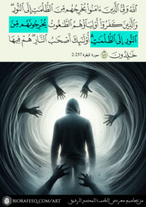 { اللَّهُ وَلِيُّ الَّذِينَ ءَامَنُوا يُخْرِجُهُم مِّنَ الظُّلُمَٰتِ إِلَى النُّورِ وَالَّذِينَ كَفَرُوا أَوْلِيَاؤُهُمُ الطَّٰغُوتُ يُخْرِجُونَهُم مِّنَ النُّورِ إِلَى الظُّلُمَٰتِ أُولَٰئِكَ أَصْحَٰبُ النَّارِ هُمْ فِيهَا خَٰلِدُونَ } [البقرة: 257]. ، من تصاميم معرض صور الطب المدمج الرفيق ، الطب المدمج ، الطب المدمج الرفيق ، الأسباب الجذرية للأمراض المزمنة ، جميل السلمي ، جميل عواد السلمي